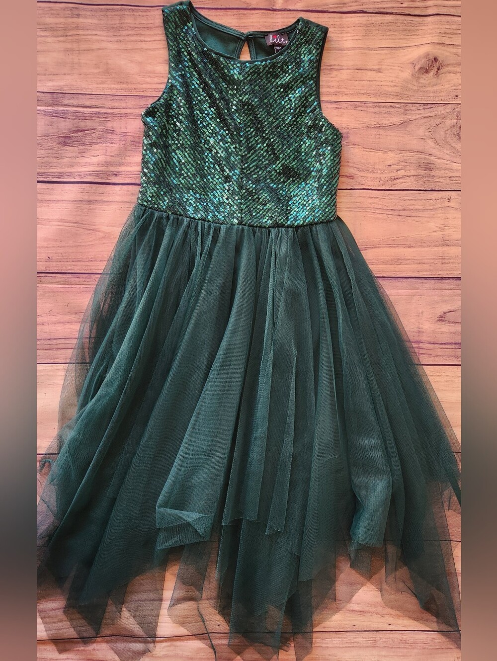 Girls Green Fancy Holiday Dress Sequence Size 7 Autumn Wedding Guest Dress